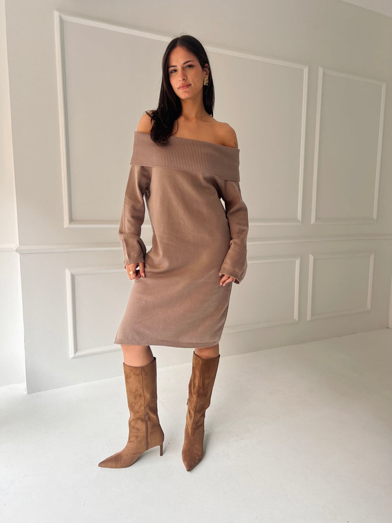 Cafe Off Shoulder Lantern Sleeve Dress - Mii