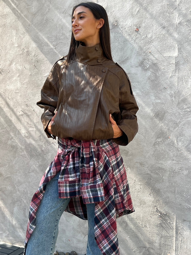 Chocolate Brown Leather Jacket - Mii