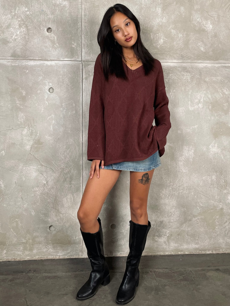 Chocolate Brown V - Neck Textured Knit Pullover - Mii