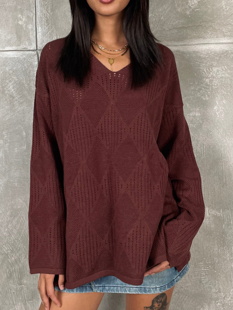 Chocolate Brown V - Neck Textured Knit Pullover - Mii