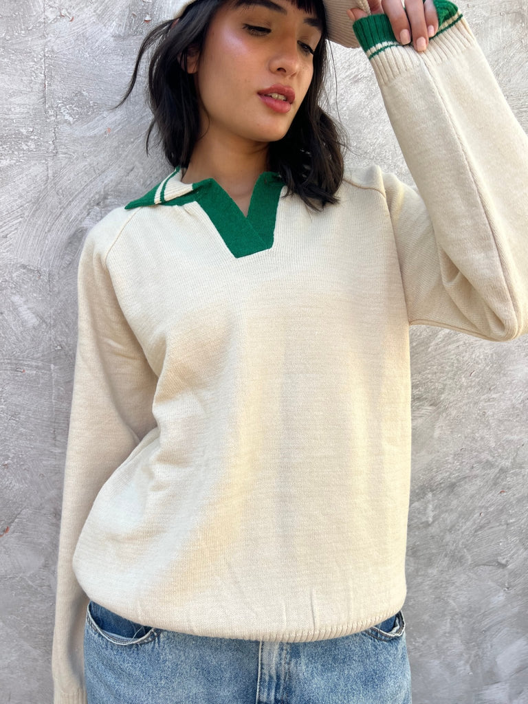 Creme X Green Polo Knit Pullover - Mii