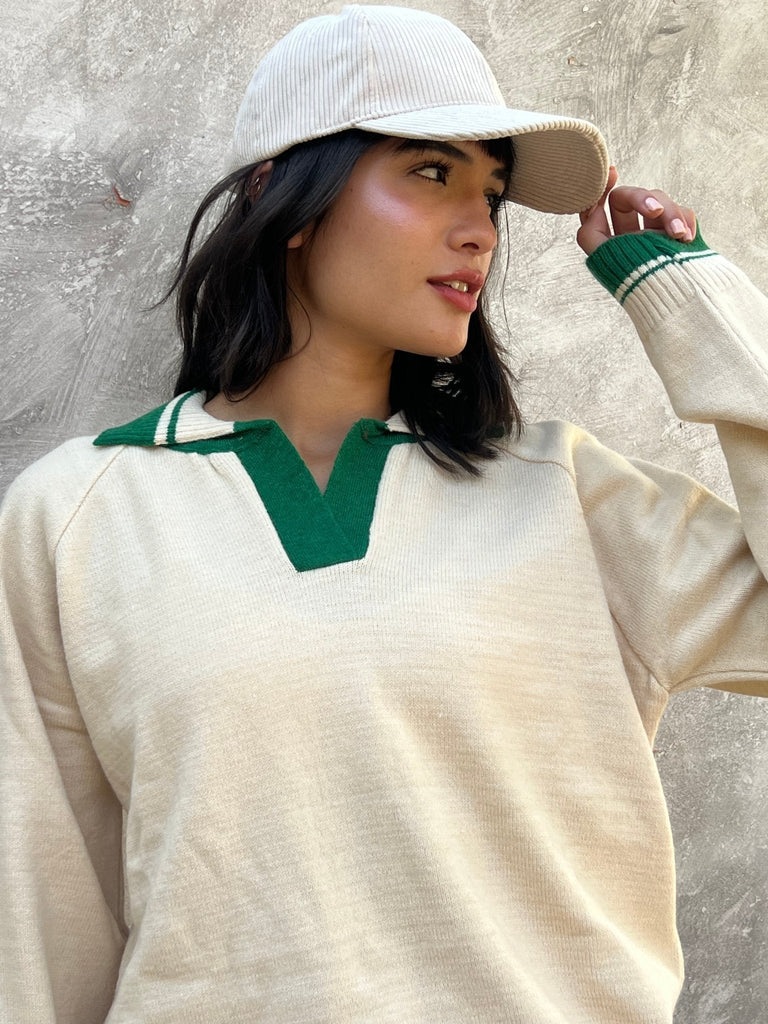 Creme X Green Polo Knit Pullover - Mii