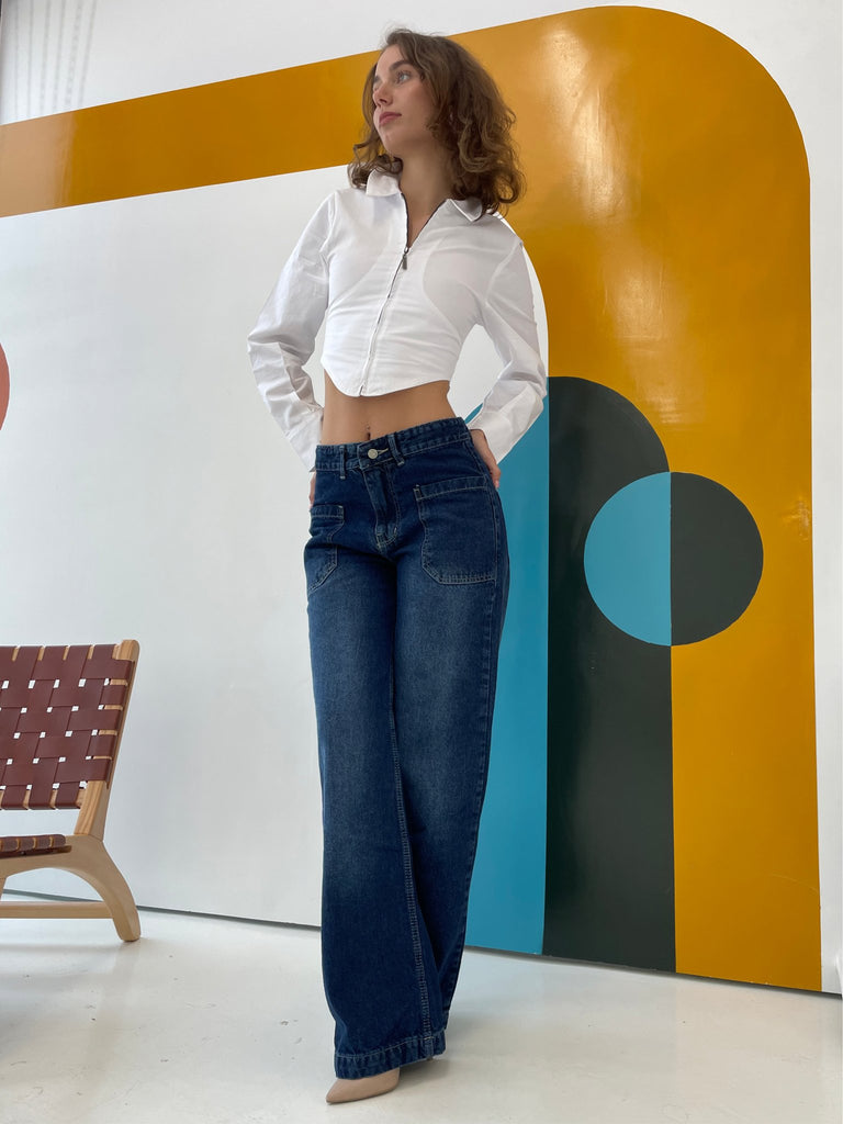 Dark Blue Front Square Pockets Jeans - Mii