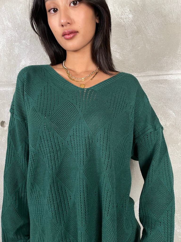 Emerald Green V - Neck Textured Knit Pullover - Mii