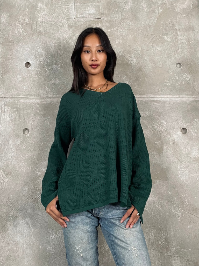 Emerald Green V - Neck Textured Knit Pullover - Mii