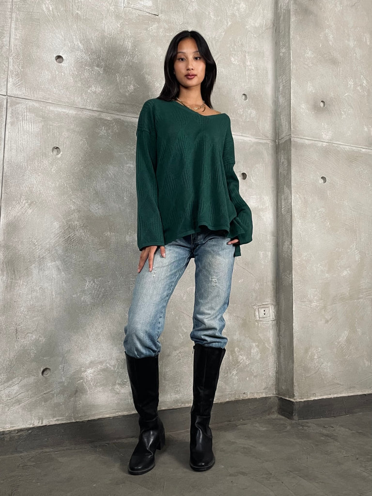 Emerald Green V - Neck Textured Knit Pullover - Mii