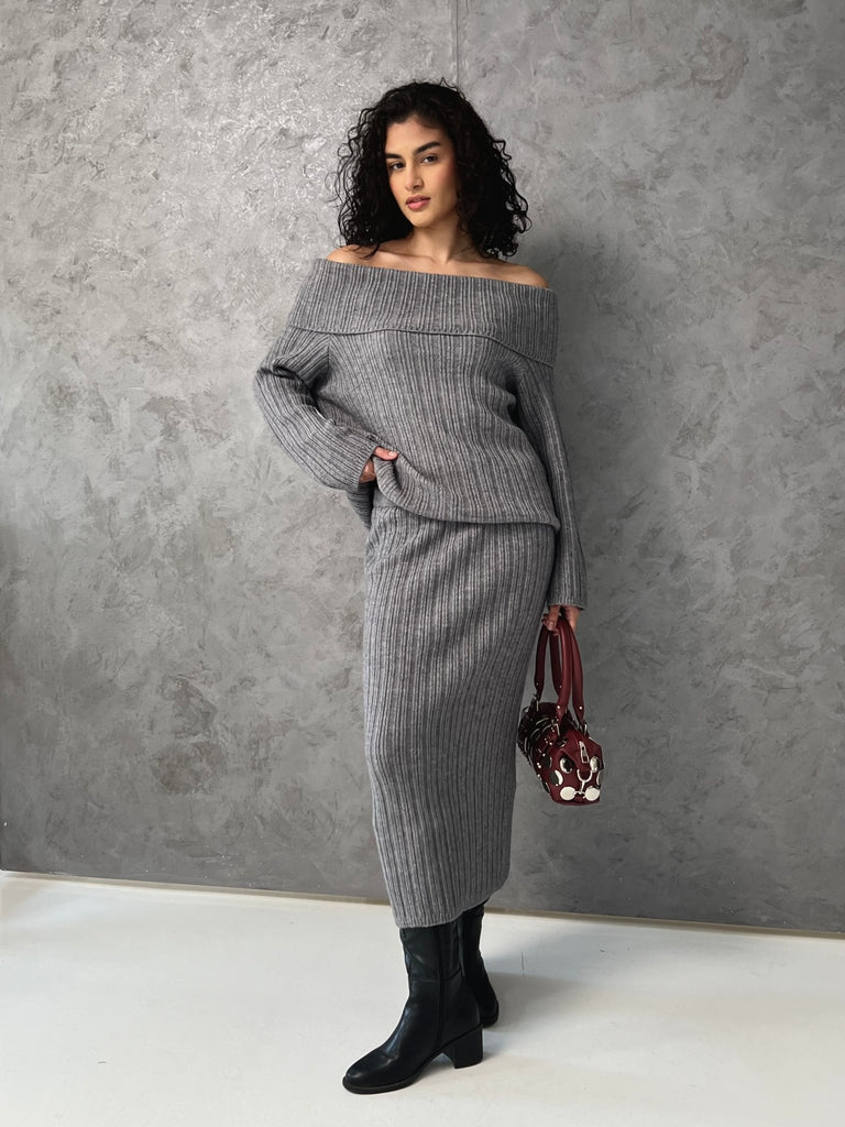 Grey Cable Knit Long Skirt Set - Mii