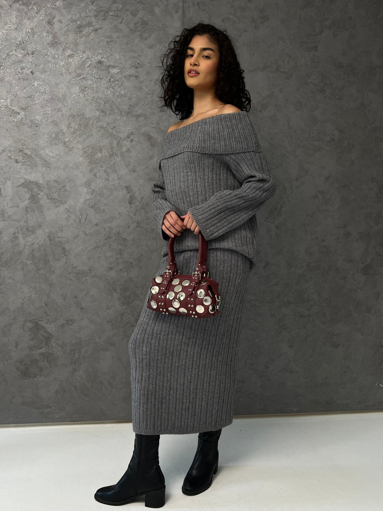 Grey Cable Knit Long Skirt Set - Mii