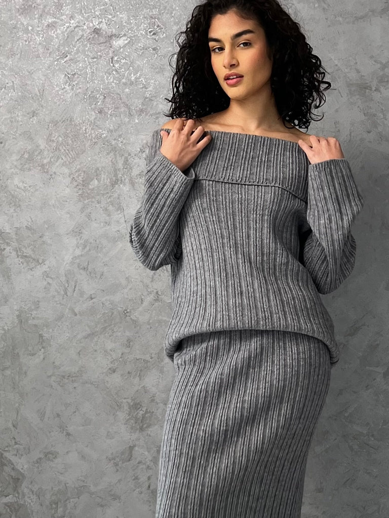 Grey Cable Knit Long Skirt Set - Mii