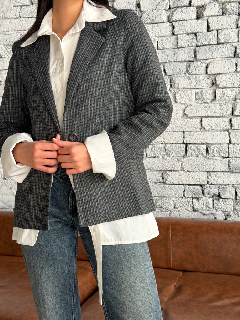Grey Checkered One Button Blazer - Mii