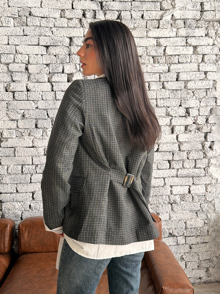 Grey Checkered One Button Blazer - Mii
