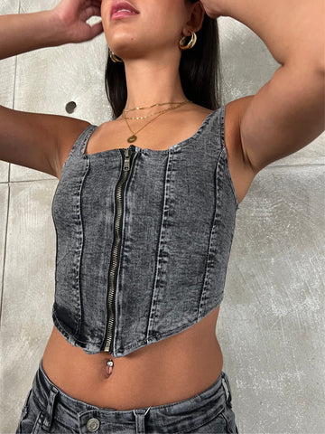 Grey Corset Denim Top - Mii