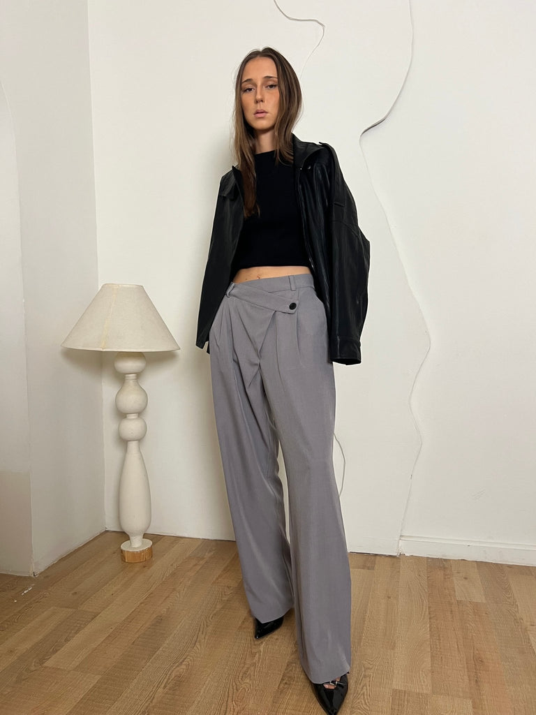 Grey Crisscross Waist Pants - Mii