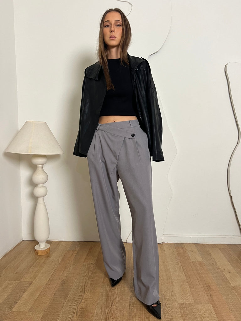 Grey Crisscross Waist Pants - Mii