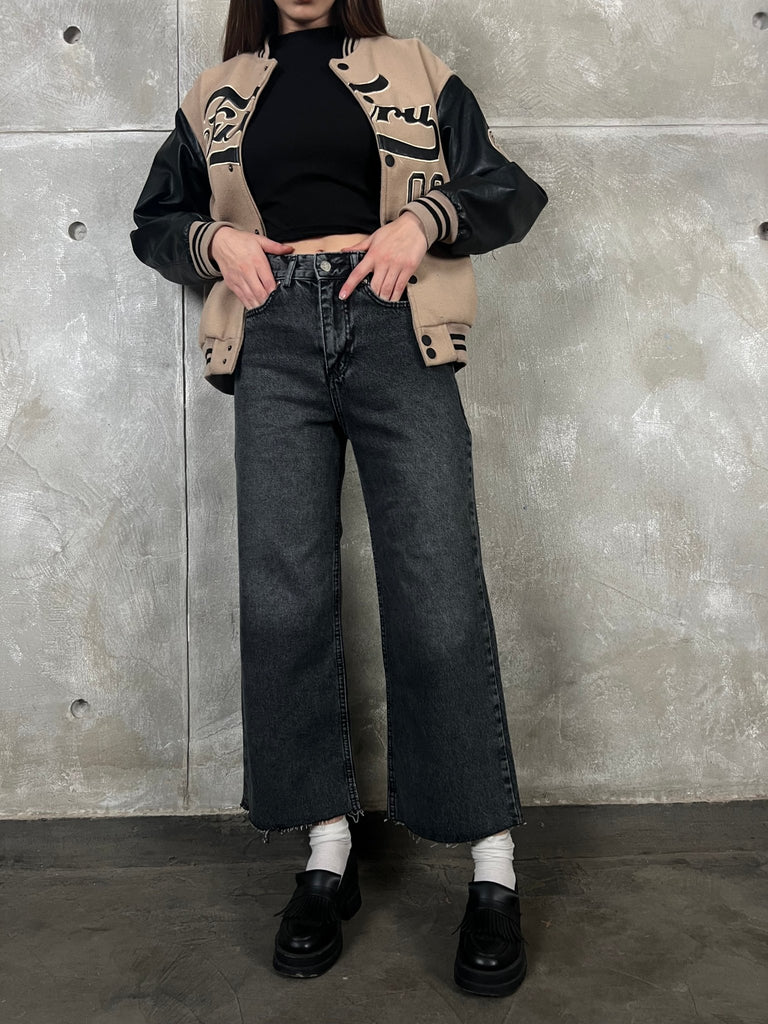 Grey High Waisted Cropped Denim - Mii