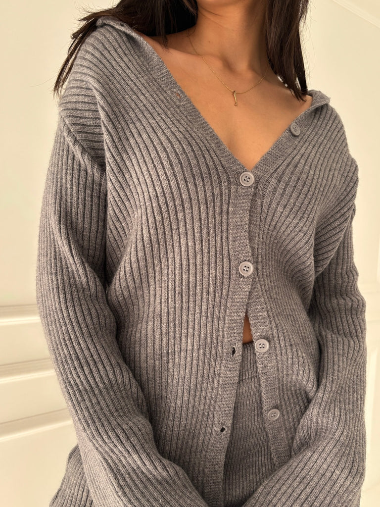 Grey Mini Skirt Cardigan Set - Mii