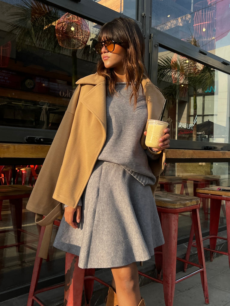 Grey Off Shoulder Knit Skirt Set - Mii