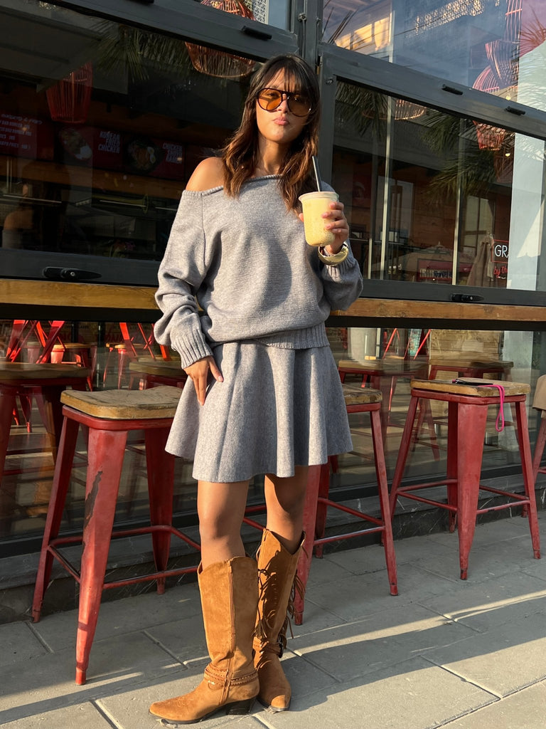Grey Off Shoulder Knit Skirt Set - Mii