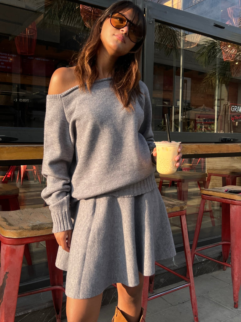 Grey Off Shoulder Knit Skirt Set - Mii