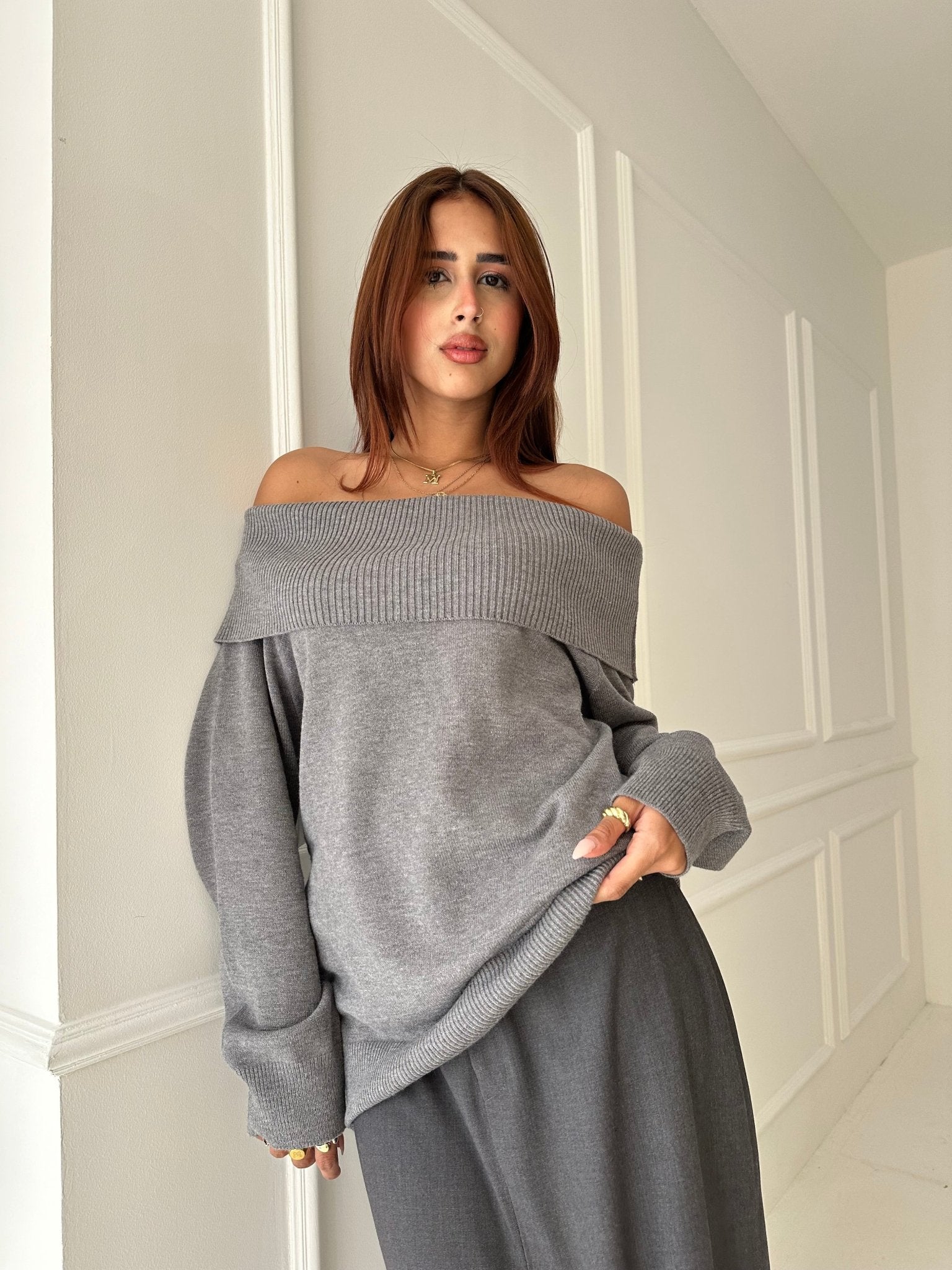 Grey Off Shoulder Pullover – Mii