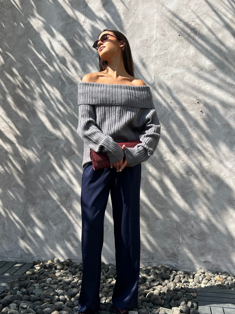 Grey Ribbed Off Shoulder Knit Pullover - Mii