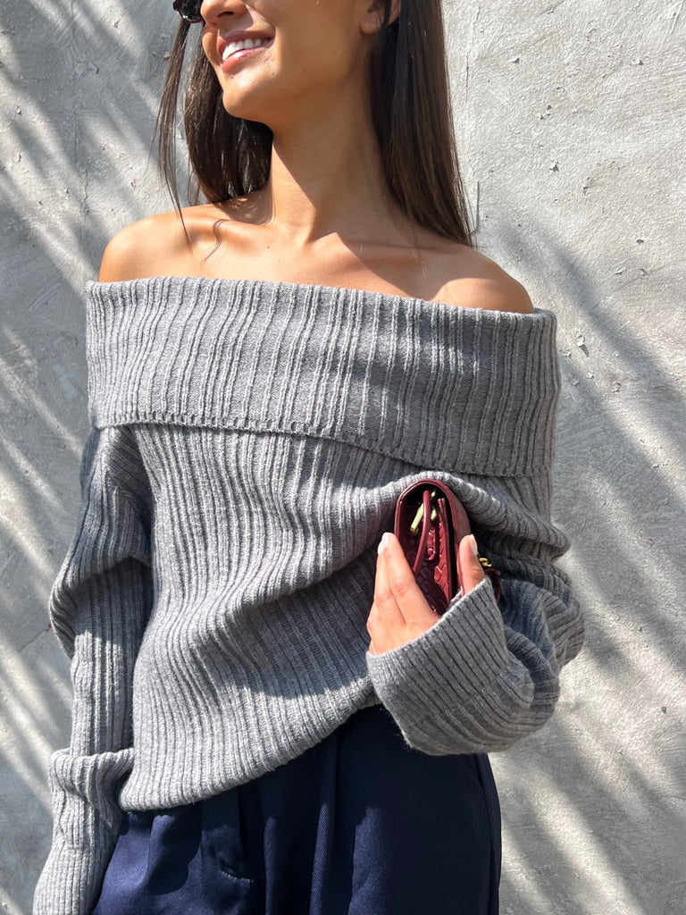 Grey Ribbed Off Shoulder Knit Pullover - Mii