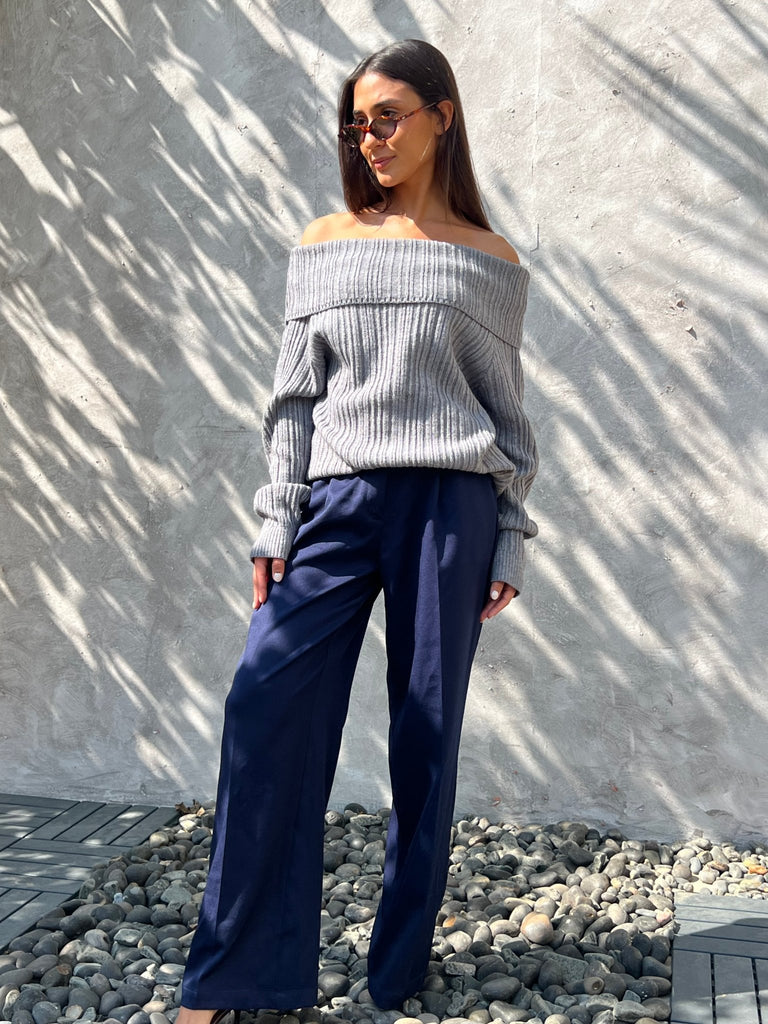 Grey Ribbed Off Shoulder Knit Pullover - Mii