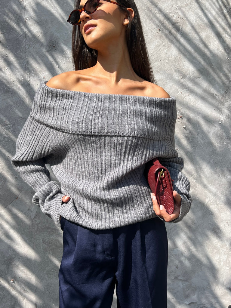 Grey Ribbed Off Shoulder Knit Pullover - Mii