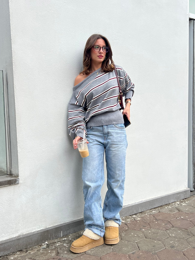 Grey Rugby One Shoulder Striped Pullover - Mii