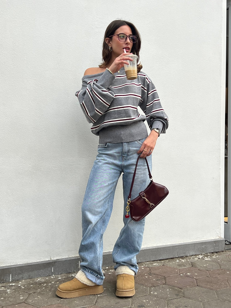 Grey Rugby One Shoulder Striped Pullover - Mii