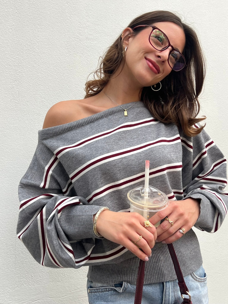 Grey Rugby One Shoulder Striped Pullover - Mii