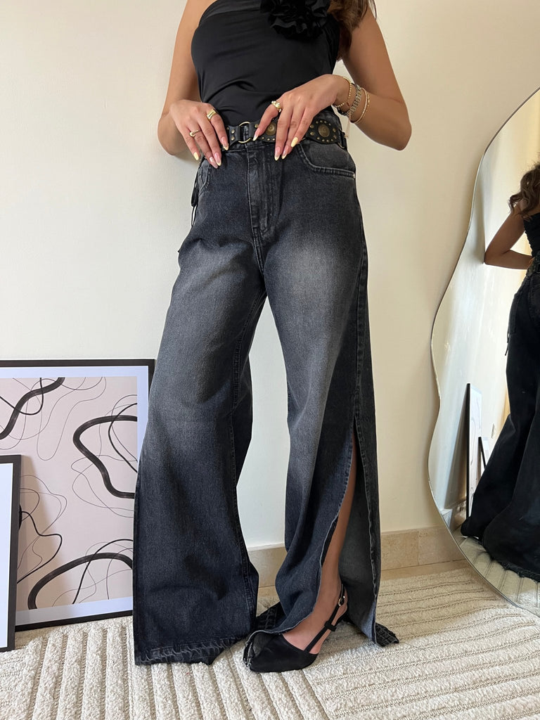 Grey Side Slit Denim Pants - Mii