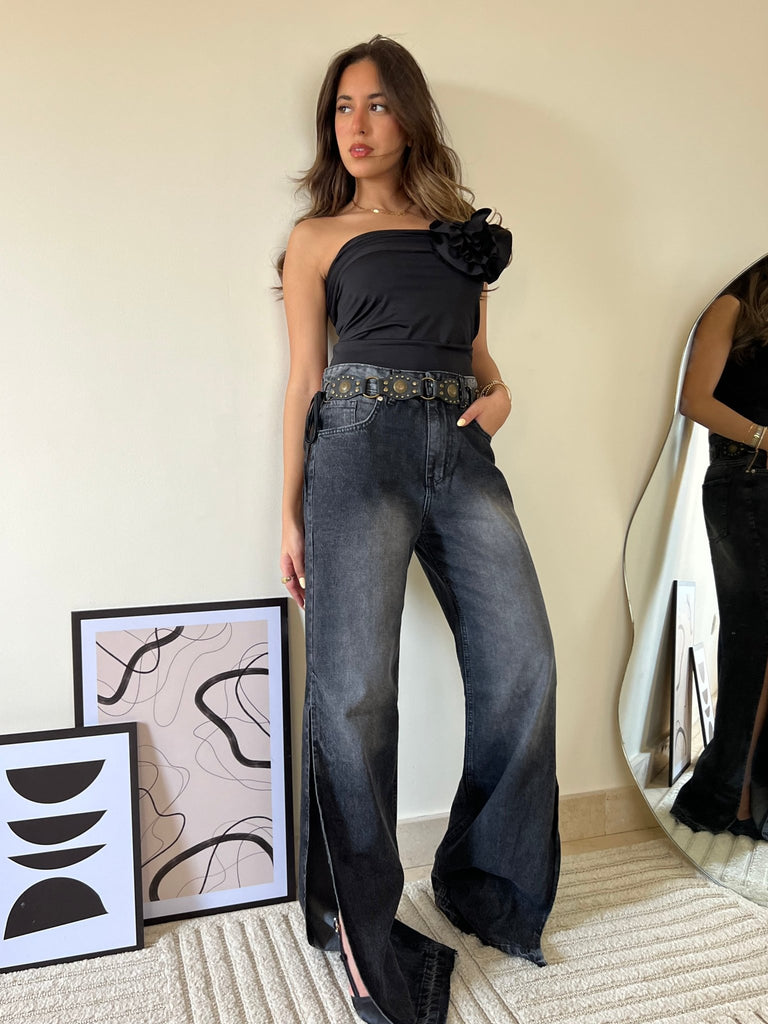 Grey Side Slit Denim Pants - Mii