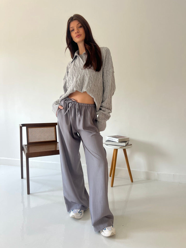Grey Stripe Drawstring Pants - Mii