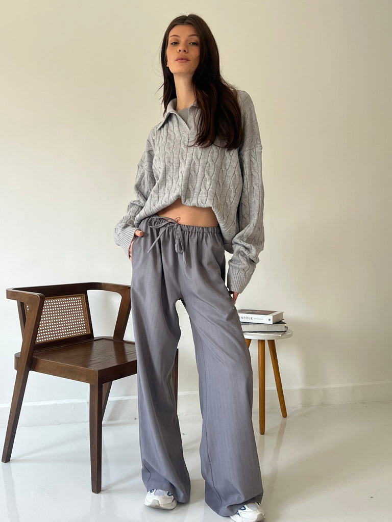 Grey Stripe Drawstring Pants - Mii