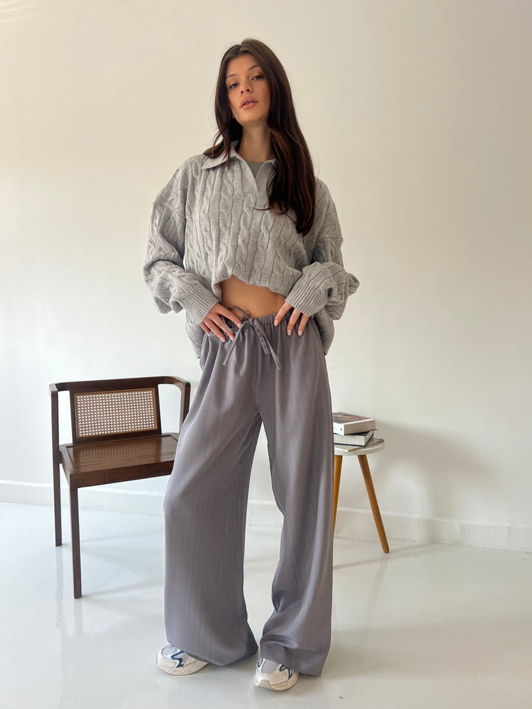 Grey Stripe Drawstring Pants - Mii