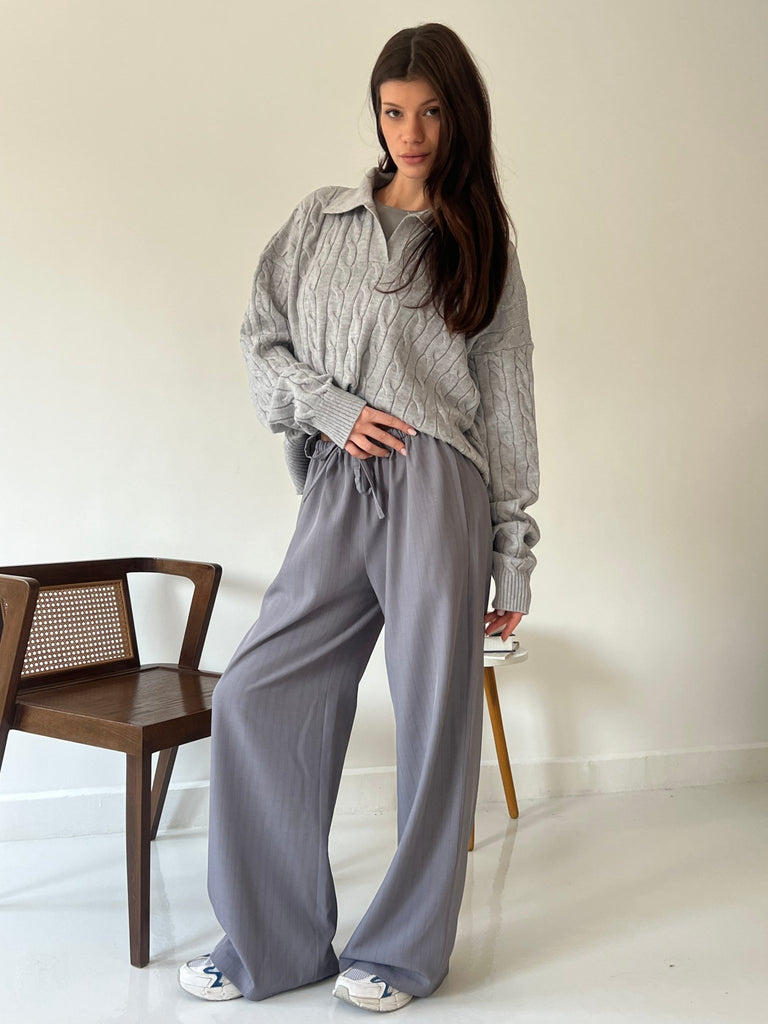 Grey Stripe Drawstring Pants - Mii