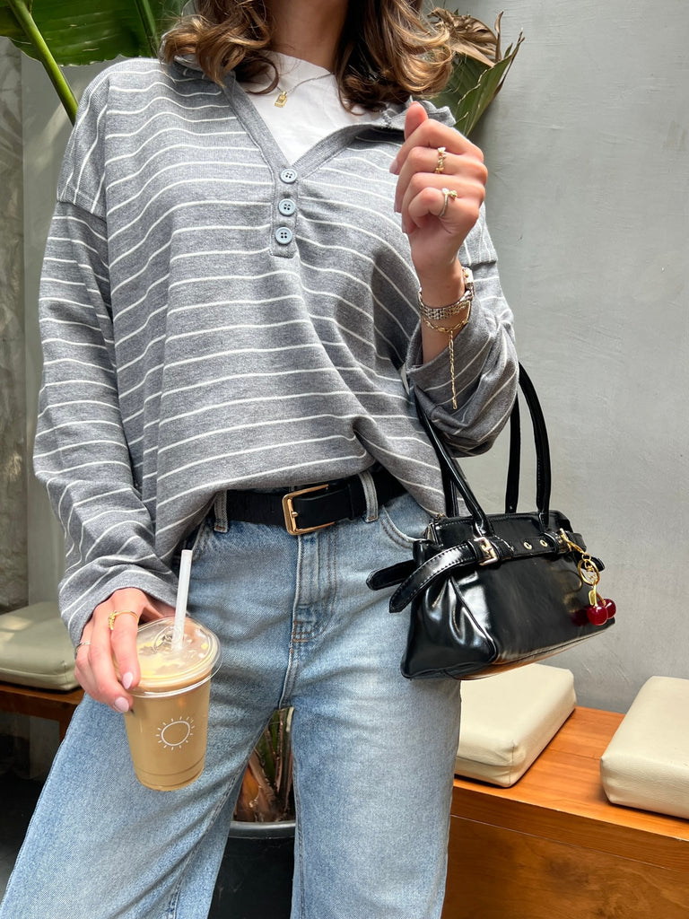 Grey Striped Relaxed Buttoned Hoodie - Mii