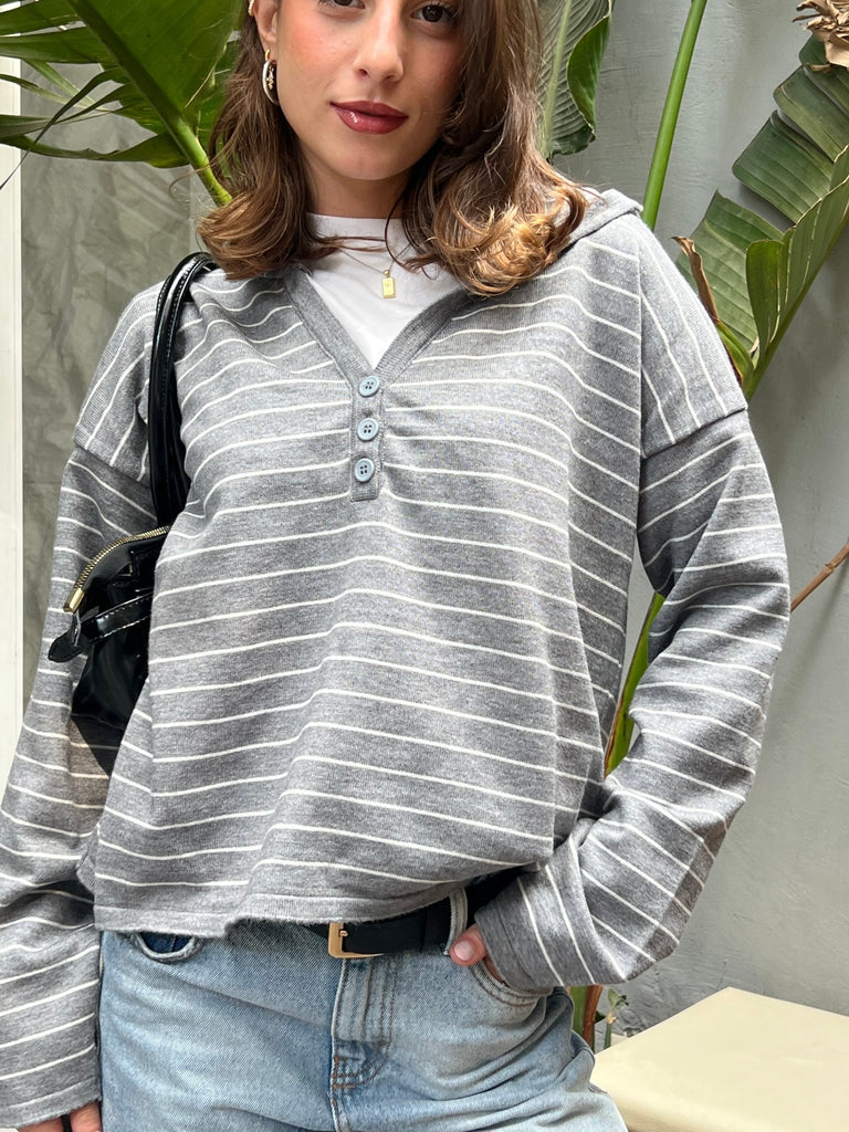 Grey Striped Relaxed Buttoned Hoodie - Mii