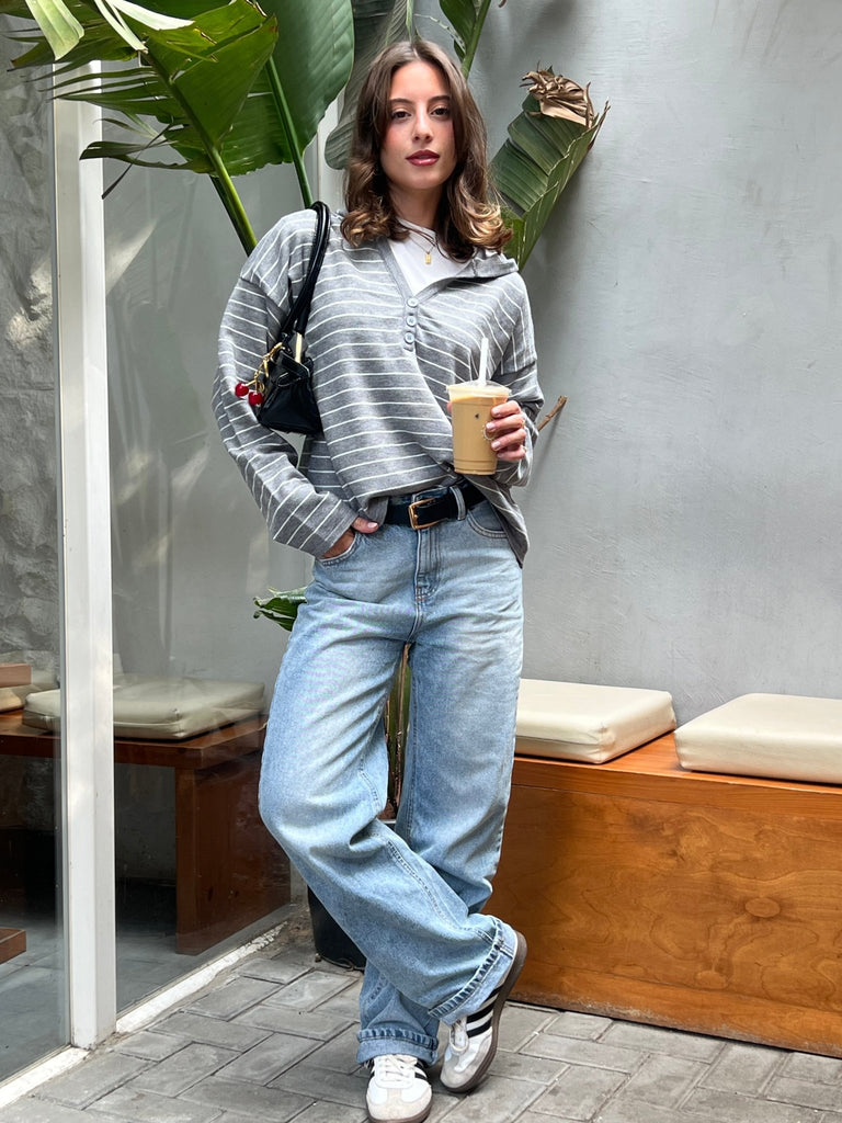 Grey Striped Relaxed Buttoned Hoodie - Mii