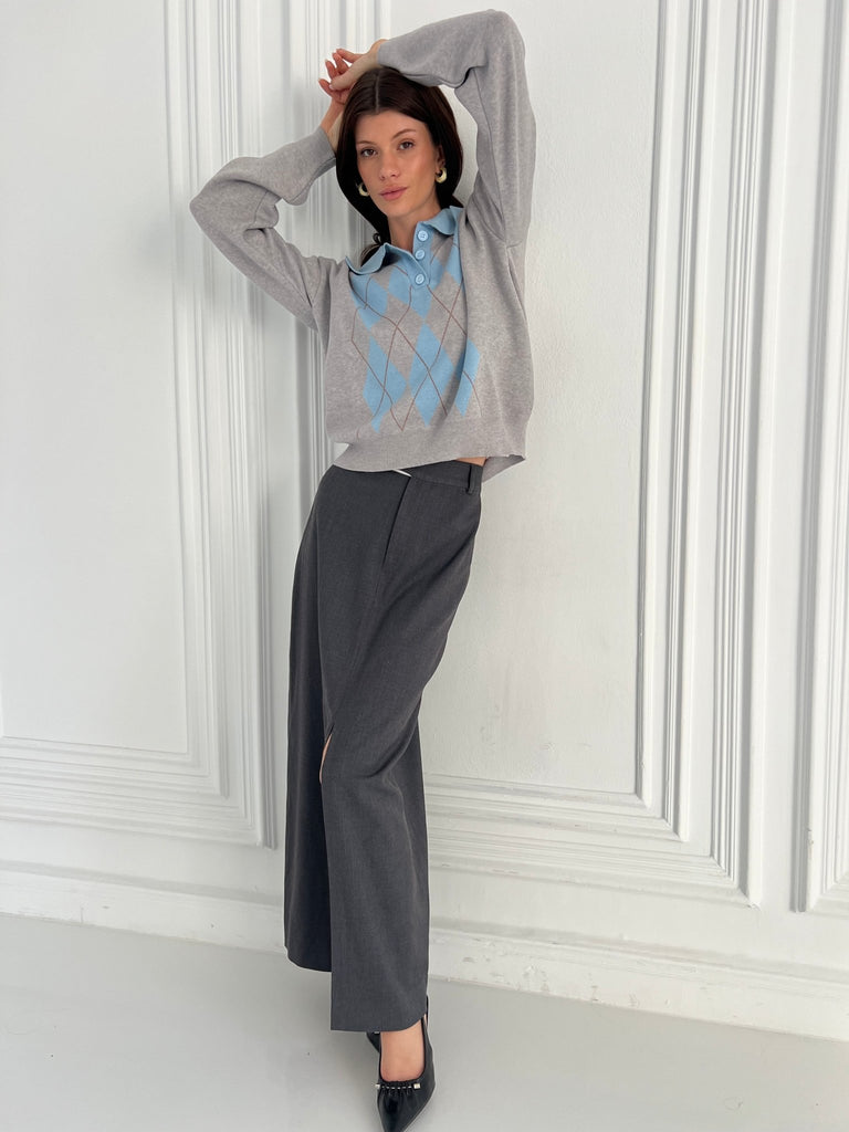 Grey X Baby Blue Argyle Polo Knit Pullover - Mii