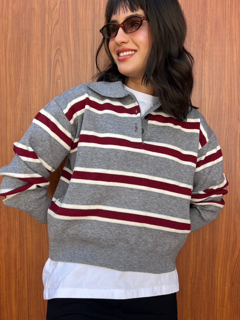 Grey X Burgundy Knit Rugby Polo Striped Pullover - Mii