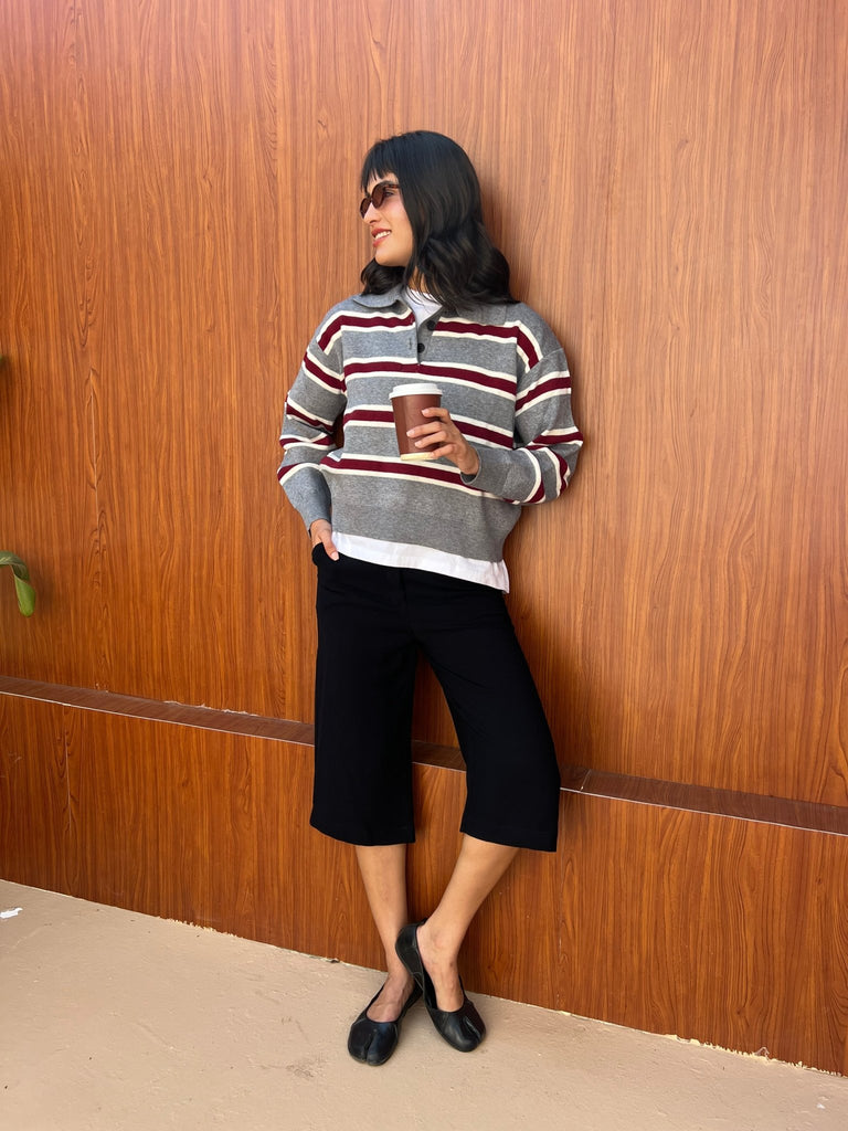 Grey X Burgundy Knit Rugby Polo Striped Pullover - Mii