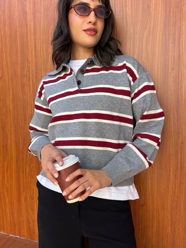 Grey X Burgundy Knit Rugby Polo Striped Pullover - Mii