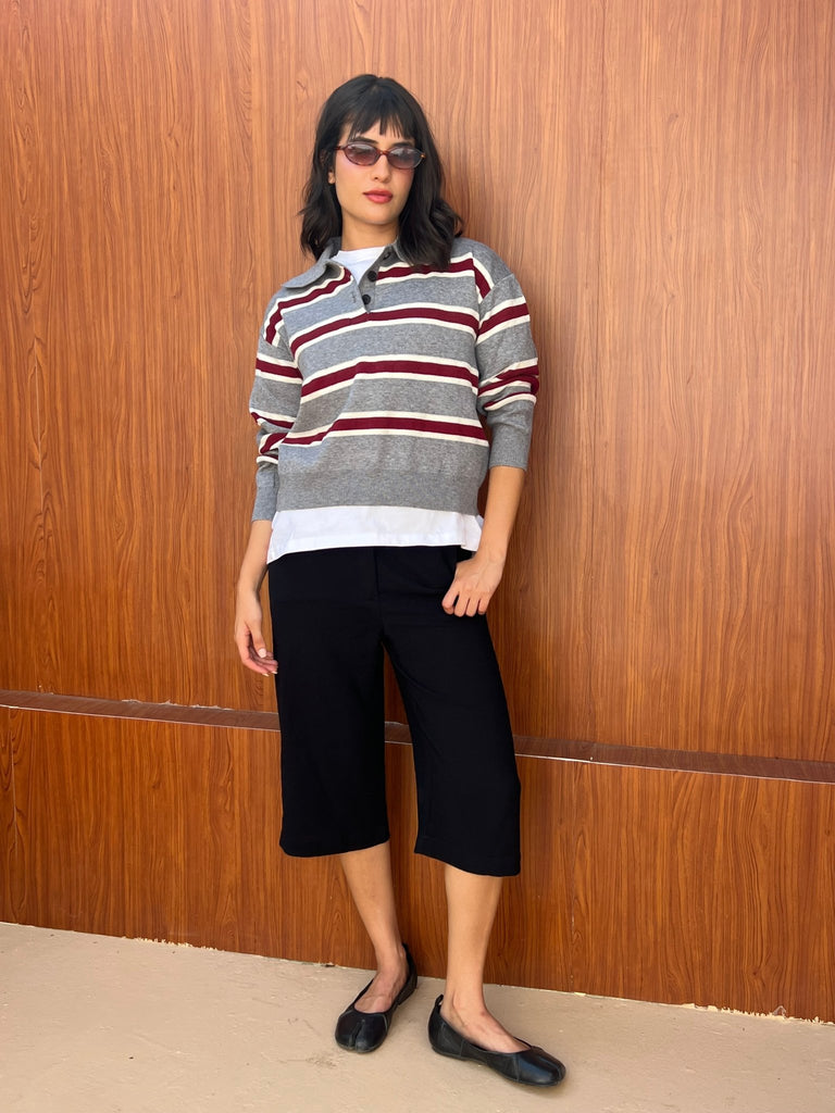 Grey X Burgundy Knit Rugby Polo Striped Pullover - Mii