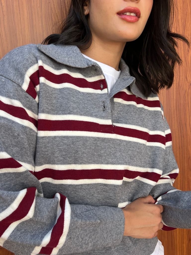 Grey X Burgundy Knit Rugby Polo Striped Pullover - Mii