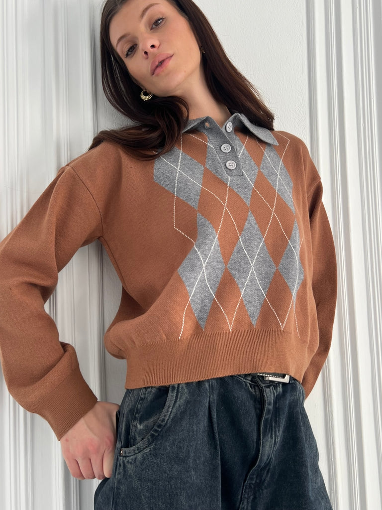 Grey X Cafe Argyle Polo Knit Pullover - Mii