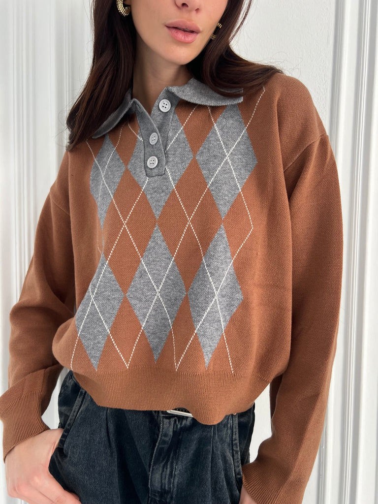Grey X Cafe Argyle Polo Knit Pullover - Mii