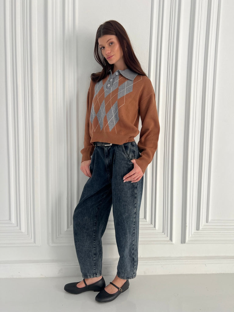 Grey X Cafe Argyle Polo Knit Pullover - Mii