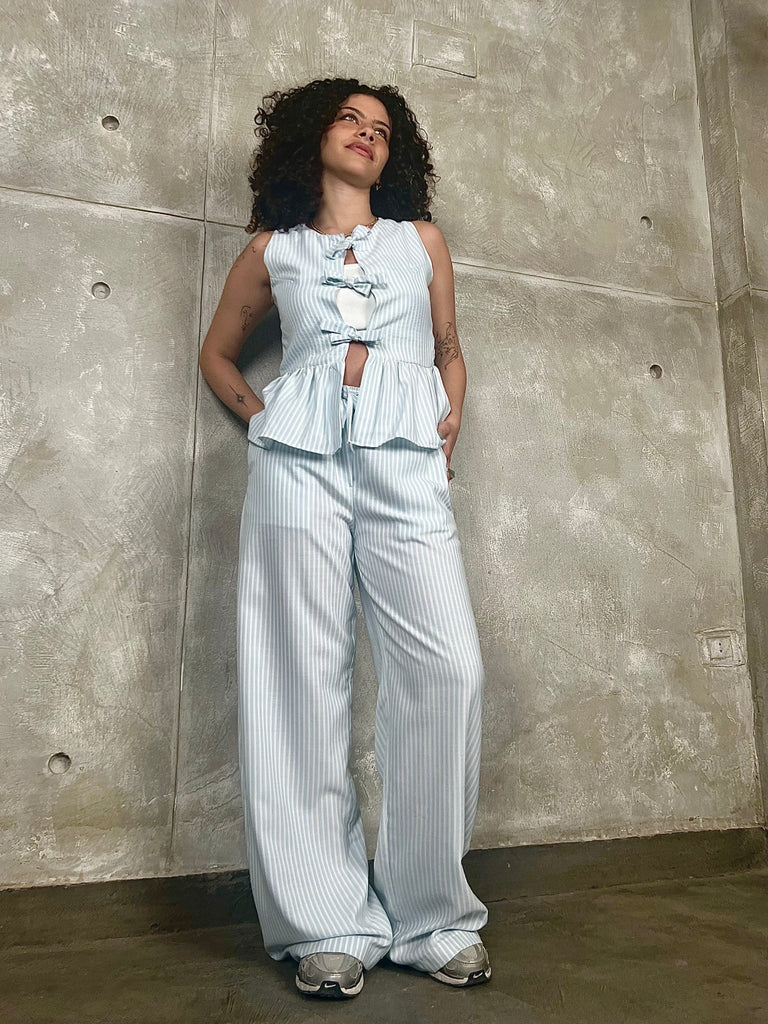 Light Blue Drawstring Waist Striped Pants - Mii